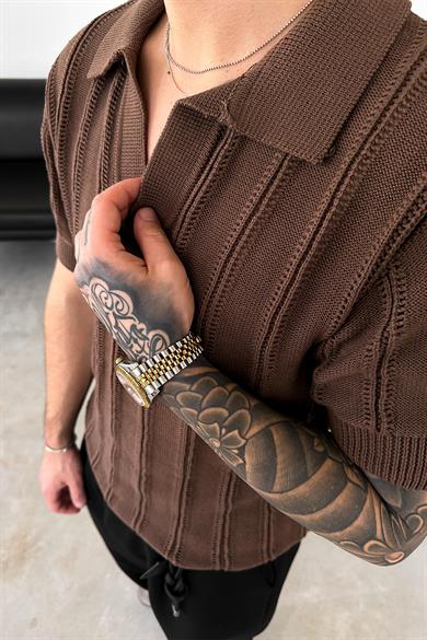 Kahverengi Striped Knitwear Relaxed Triko Polo Yaka Tişört