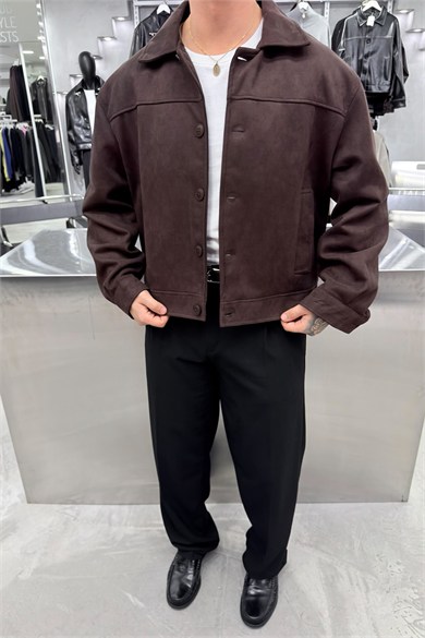 Kahverengi Süet Kumaş Düğmeli Boxy Fit Ceket