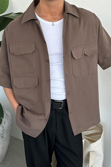 Kahverengi Tasarım Cep Detay Oversize Gömlek