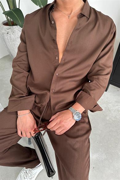Kahverengi Tensel Kumaş Basic Relaxed Gömlek