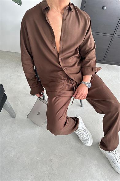 Kahverengi Tensel Kumaş Basic Relaxed Gömlek