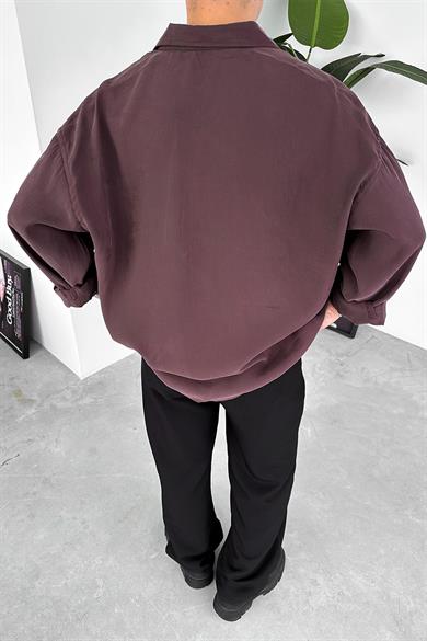 Kahverengi Tensel Nakış Detay Oversize Gömlek