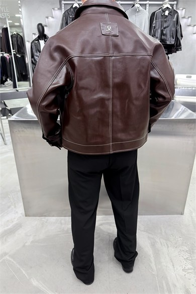 Kahverengi Ters Dikiş Boxy Fit Premium Deri Ceket