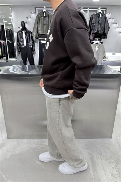 Kahverengi Unkown Nakışlı Oversize Sweatshirt