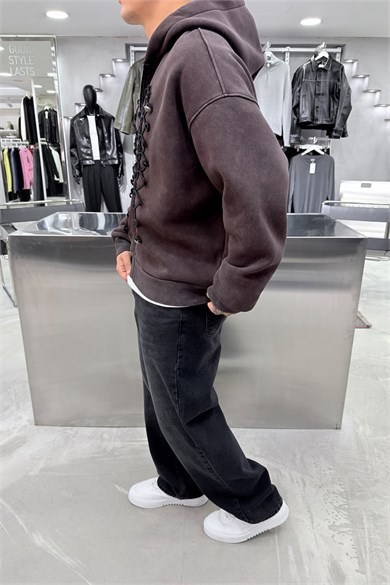 Kahverengi Washed Frogging Tam Fermuar Premium Hırka