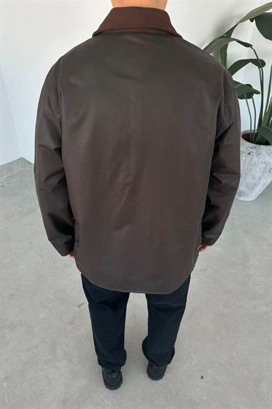 Kahverengi Waxed Çıt Çıt Cep Detay Oversize Ceket