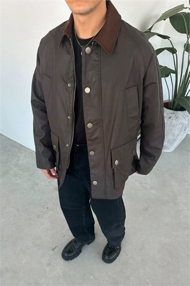 Kahverengi Waxed Çıt Çıt Cep Detay Oversize Ceket