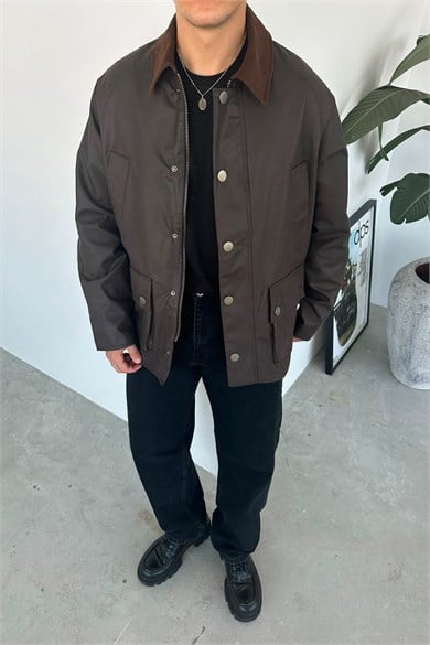 Kahverengi Waxed Çıt Çıt Cep Detay Oversize Ceket