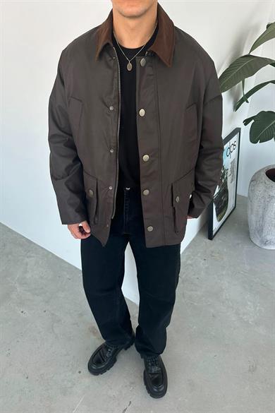 Kahverengi Waxed Çıt Çıt Cep Detay Oversize Ceket