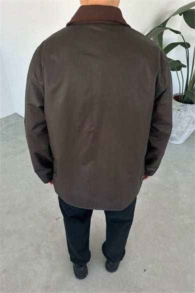 Kahverengi Waxed Çıt Çıt Cep Detay Oversize Ceket