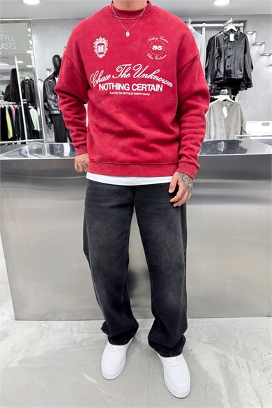 Kırmızı Nothing Baskılı Yıkamalı Oversize Sweatshirt