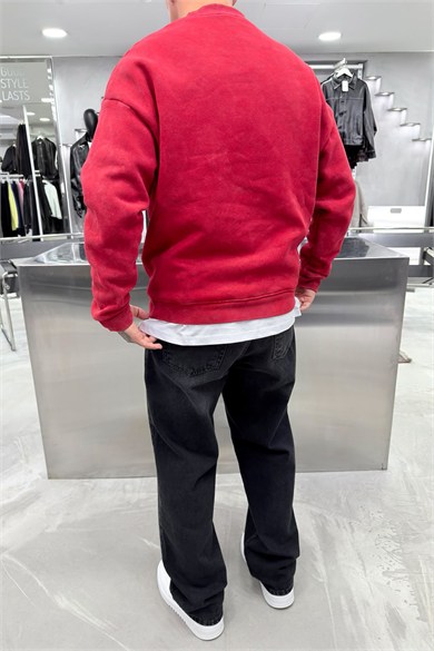 Kırmızı Nothing Baskılı Yıkamalı Oversize Sweatshirt