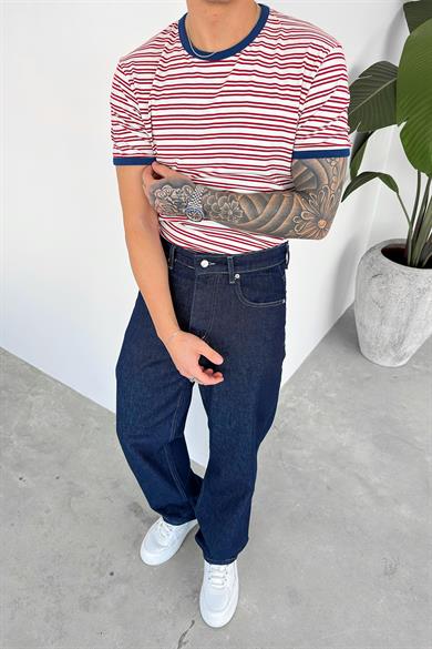 Kırmızı Old Money Çizgili Oversize Tişört