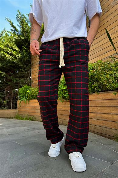 Kırmızı Rahat Kalıp Ekose Desen 05 OP Baggy Eşofman