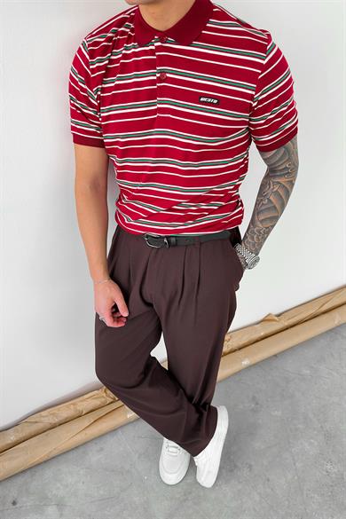 Kırmızı Retro Çizgili Regular Polo Yaka Tişört