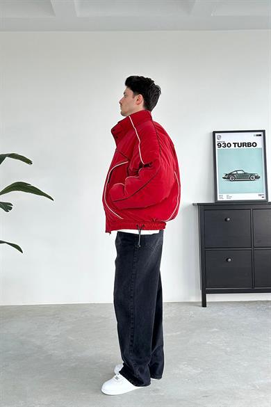 Kırmızı Tasarım Şerit Detay Oversize Şişme Mont