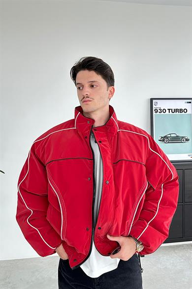Kırmızı Tasarım Şerit Detay Oversize Şişme Mont