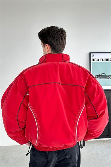 Kırmızı Tasarım Şerit Detay Oversize Şişme Mont