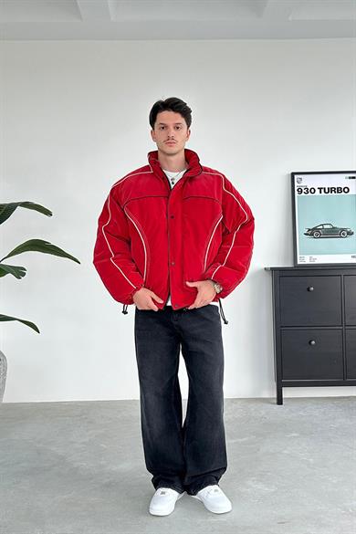 Kırmızı Tasarım Şerit Detay Oversize Şişme Mont