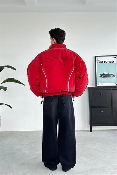 Kırmızı Tasarım Şerit Detay Oversize Şişme Mont