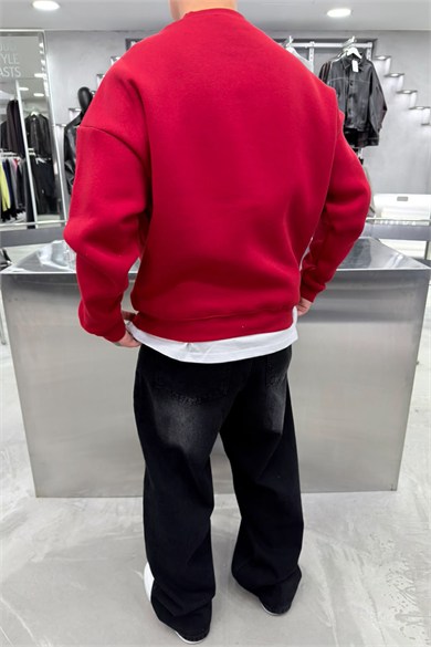 Kırmızı Unkown Nakışlı Oversize Sweatshirt