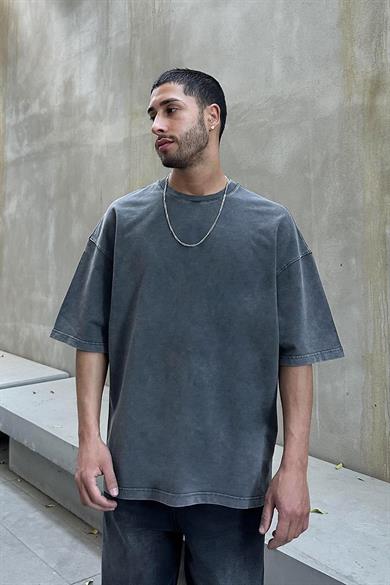Koyu Gri Acid Wash Basic DL Oversize Tişört