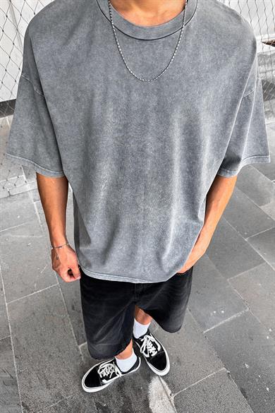 Koyu Gri Acid Wash Basic M7 PM Oversize Tişört