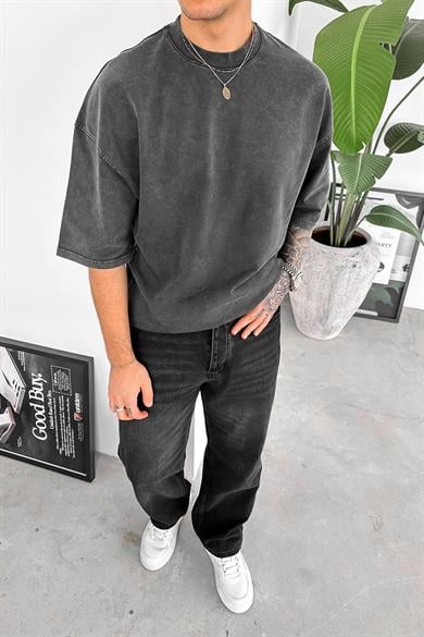 Koyu Gri Acid Wash Basic Oversize Tişört