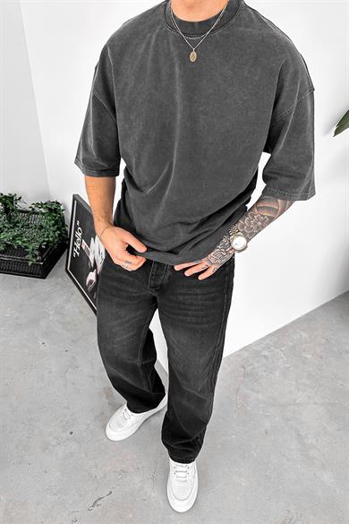 Koyu Gri Acid Wash Basic Oversize Tişört