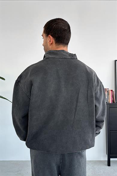 Koyu Gri Acid Wash Yarım Fermuar Oversize Sweatshirt