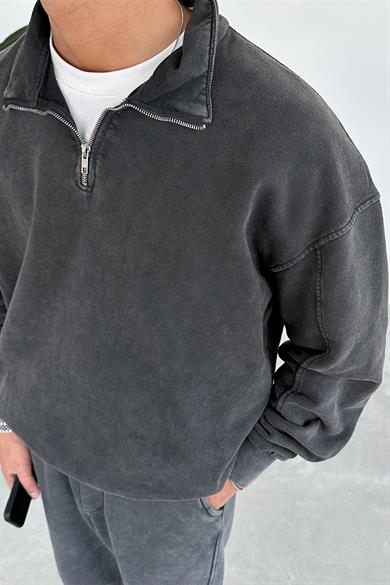 Koyu Gri Acid Wash Yarım Fermuar Oversize Sweatshirt