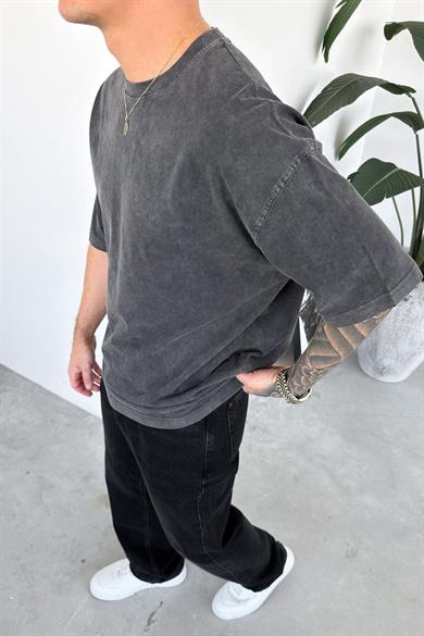 Koyu Gri Basic Yıkamalı Oversize Tişört