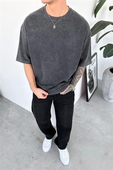 Koyu Gri Basic Yıkamalı Oversize Tişört