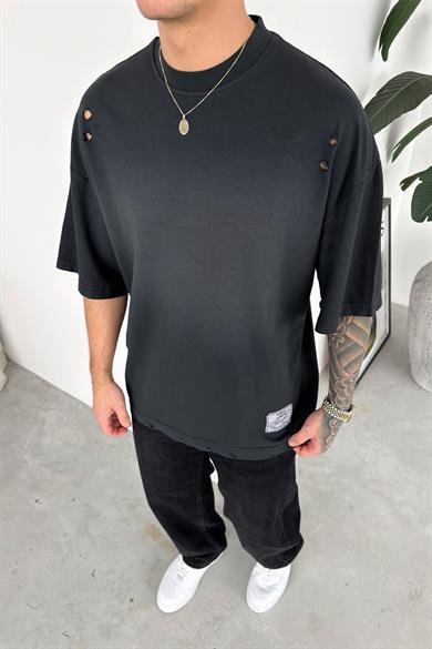 Koyu Gri Batik Yıkamalı Oversize Tişört