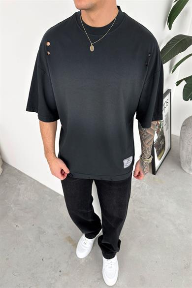 Koyu Gri Batik Yıkamalı Oversize Tişört