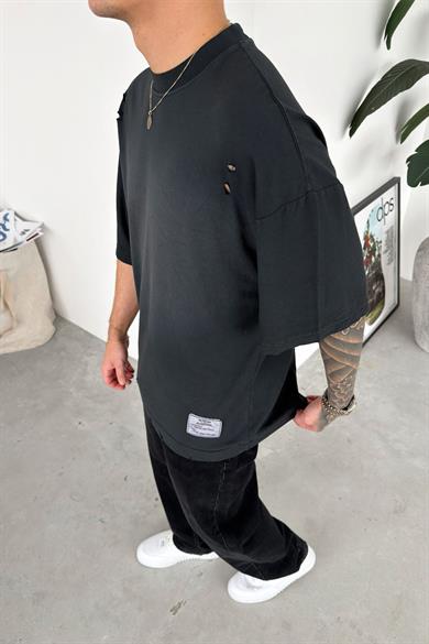 Koyu Gri Batik Yıkamalı Oversize Tişört