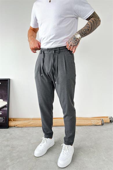 Koyu Gri Beli İp Detaylı Regular Fit Kumaş Pantolon