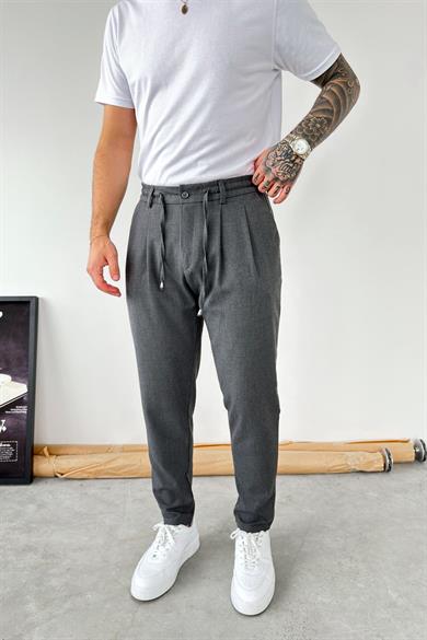 Koyu Gri Beli İp Detaylı Regular Fit Kumaş Pantolon