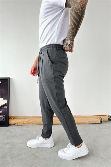 Koyu Gri Beli İp Detaylı Regular Fit Kumaş Pantolon