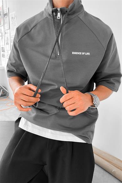 Koyu Gri Fermuarlı EE Oversize Polo Yaka Tişört