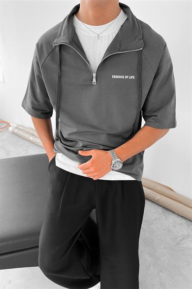 Koyu Gri Fermuarlı EE Oversize Polo Yaka Tişört