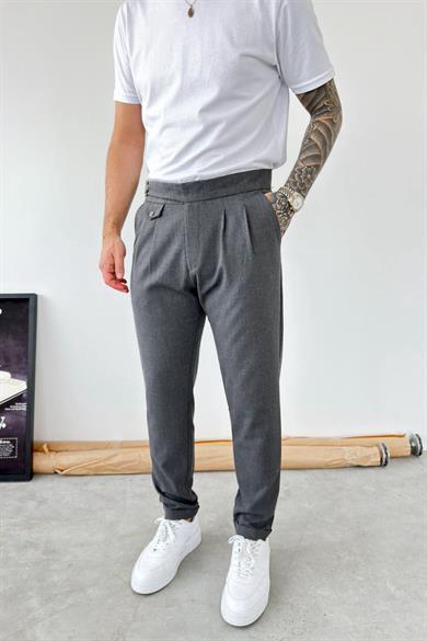 Koyu Gri Kemer Detaylı Regular Fit Kumaş Pantolon