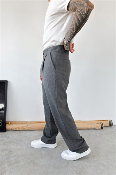 Koyu Gri Pileli Baggy Fit Kumaş Pantolon