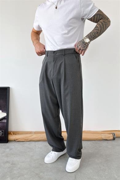 Koyu Gri Pileli Baggy Kumaş Pantolon