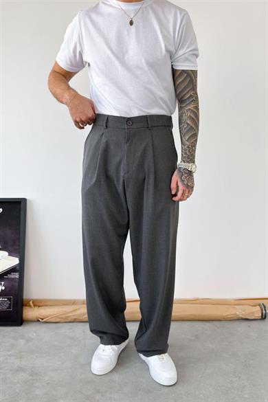 Koyu Gri Pileli Baggy Kumaş Pantolon