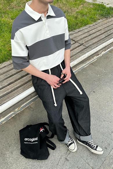 Koyu Gri Polo Yaka  Çizgili EE Oversize Tişört
