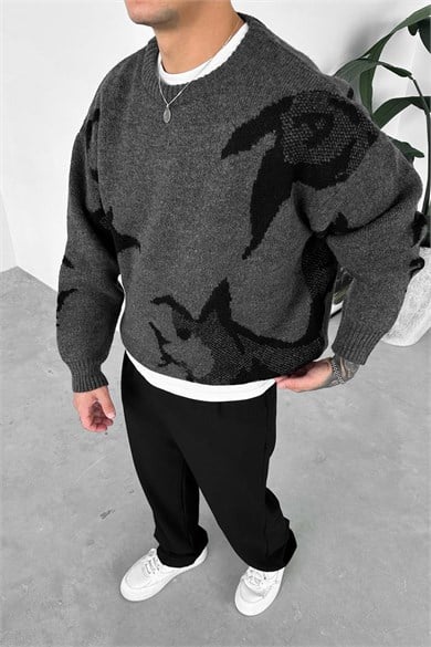 Koyu Gri Premium Baskılı Oversize Kazak