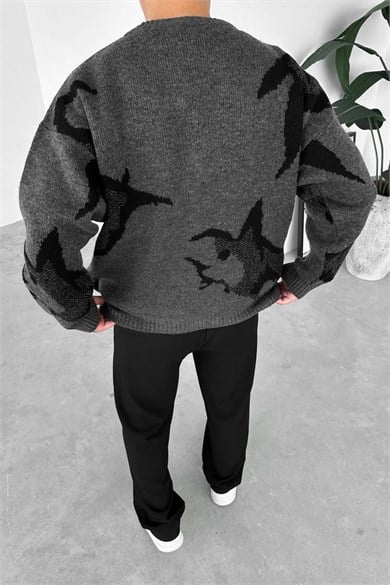 Koyu Gri Premium Baskılı Oversize Kazak