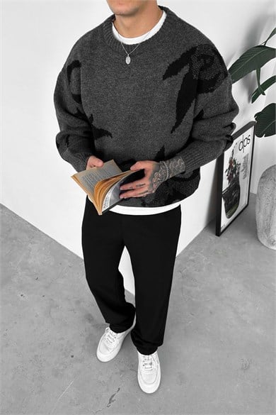 Koyu Gri Premium Baskılı Oversize Kazak