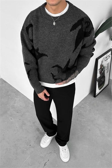 Koyu Gri Premium Baskılı Oversize Kazak